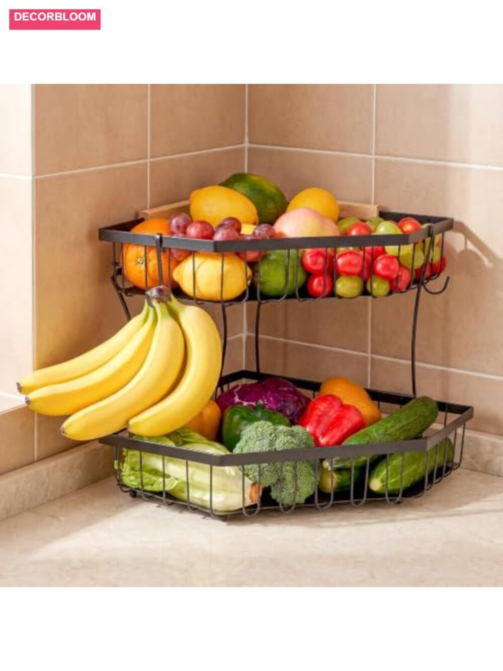 2 Tier Corner Fruit Basket Detachable Banana Holder Wooden Handle